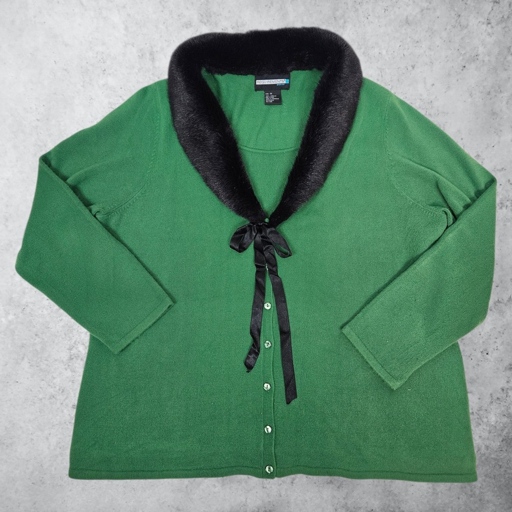 Requirements Woman Green Cardigan Sweater Faux Fur Collar Ribbon Tie 1X Mob Wife